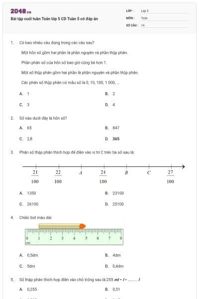 Bài tập cuối tuần Toán lớp 5 CD Tuần 5 có đáp án