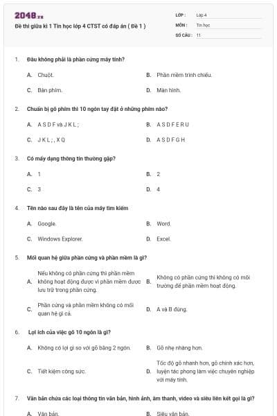 Đề thi giữa kì 1 Tin học lớp 4 CTST có đáp án ( Đề 1 )