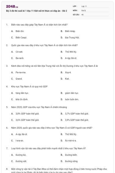Bộ 3 đề thi cuối kì 1 Địa 11 Kết nối tri thức có đáp án - Đề 2