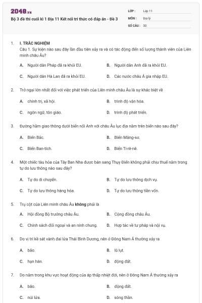 Bộ 3 đề thi cuối kì 1 Địa 11 Kết nối tri thức có đáp án - Đề 3