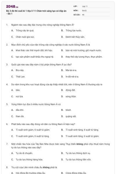 Bộ 3 đề thi cuối kì 1 Địa lí 11 Chân trời sáng tạo có đáp án - Đề 1