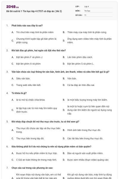Đề thi cuối kì 1 Tin học lớp 4 CTST có đáp án ( Đề 2)