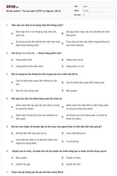 Đề thi cuối kì 1 Tin học lớp 4 CTST có đáp án ( Đề 3)