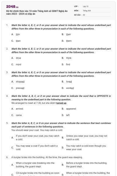 Đề thi chính thức vào 10 môn Tiếng Anh sở GDĐT Nghệ An năm 2023 - 2024 có đáp án