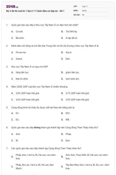 Bộ 3 đề thi cuối kì 1 Địa lí 11 Cánh diều có đáp án - Đề 1
