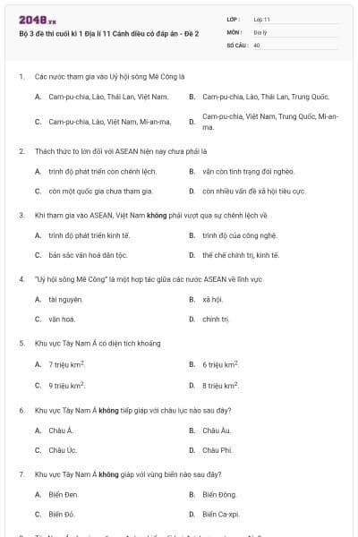 Bộ 3 đề thi cuối kì 1 Địa lí 11 Cánh diều có đáp án - Đề 2