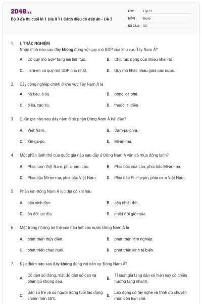 Bộ 3 đề thi cuối kì 1 Địa lí 11 Cánh diều có đáp án - Đề 3