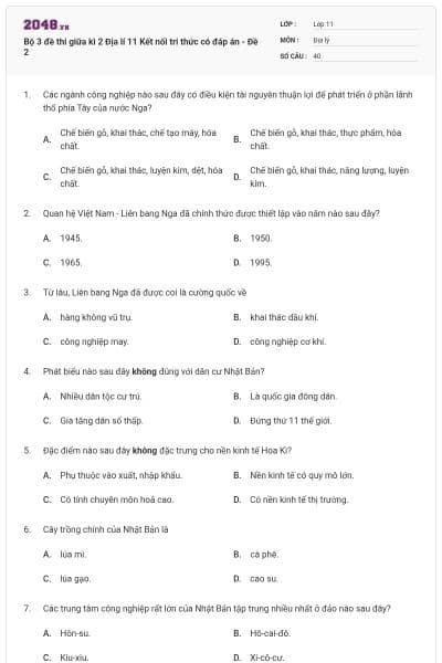 Bộ 3 đề thi giữa kì 2 Địa lí 11 Kết nối tri thức có đáp án - Đề 2