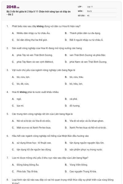 Bộ 3 đề thi giữa kì 2 Địa lí 11 Chân trời sáng tạo có đáp án - Đề 2