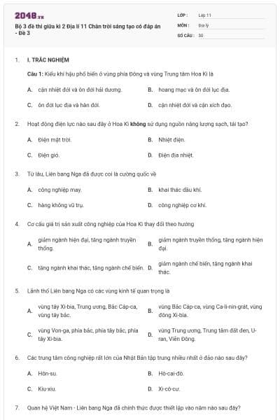 Bộ 3 đề thi giữa kì 2 Địa lí 11 Chân trời sáng tạo có đáp án - Đề 3