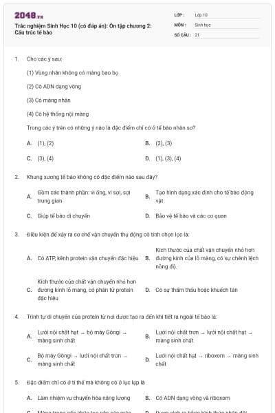 Trắc nghiệm Sinh Học 10 (có đáp án): Ôn tập chương 2: Cấu trúc tế bào
