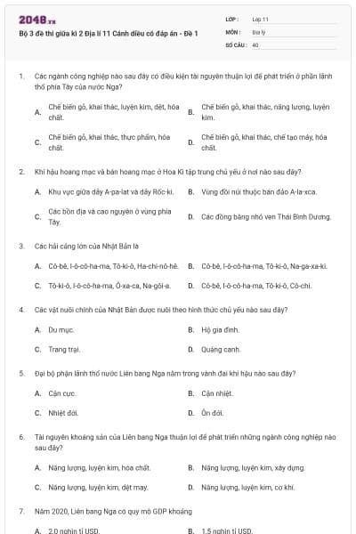 Bộ 3 đề thi giữa kì 2 Địa lí 11 Cánh diều có đáp án - Đề 1