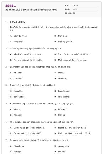 Bộ 3 đề thi giữa kì 2 Địa lí 11 Cánh diều có đáp án - Đề 3