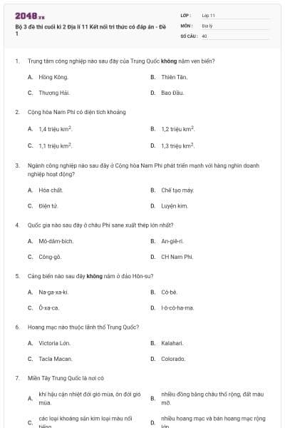 Bộ 3 đề thi cuối kì 2 Địa lí 11 Kết nối tri thức có đáp án - Đề 1