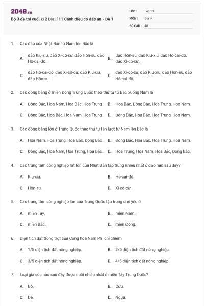 Bộ 3 đề thi cuối kì 2 Địa lí 11 Cánh diều có đáp án - Đề 1