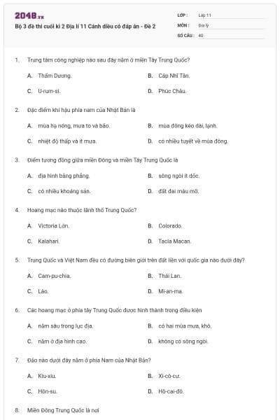 Bộ 3 đề thi cuối kì 2 Địa lí 11 Cánh diều có đáp án - Đề 2