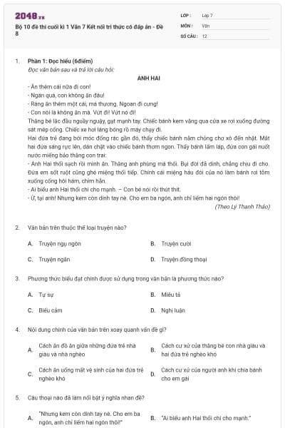 Bộ 10 đề thi cuối kì 1 Văn 7 Kết nối tri thức có đáp án - Đề 8