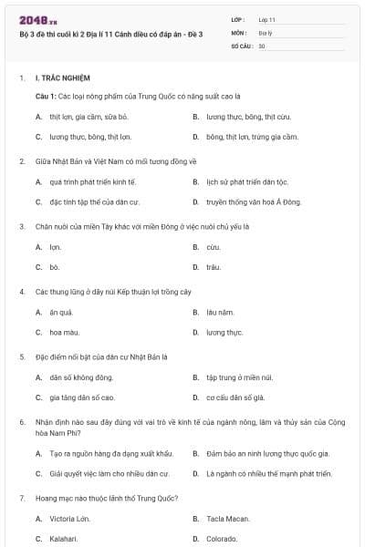 Bộ 3 đề thi cuối kì 2 Địa lí 11 Cánh diều có đáp án - Đề 3