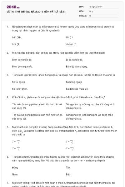 ĐỀ THI THỬ THPTQG NĂM 2019 MÔN VẬT LÝ (ĐỀ 5)