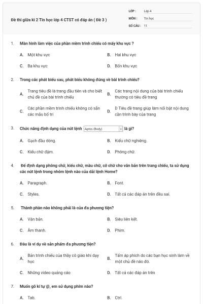 Đề thi giữa kì 2 Tin học lớp 4 CTST có đáp án ( Đề 3 )