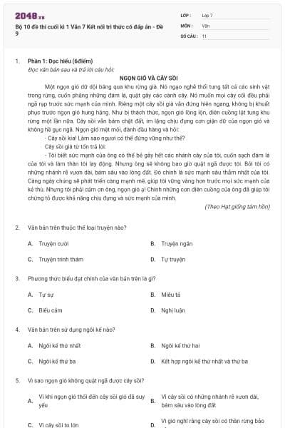 Bộ 10 đề thi cuối kì 1 Văn 7 Kết nối tri thức có đáp án - Đề 9