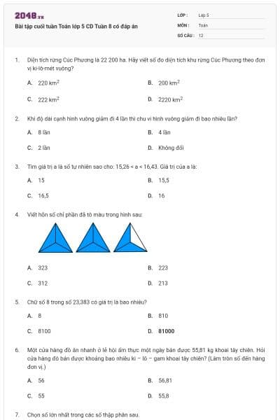 Bài tập cuối tuần Toán lớp 5 CD Tuần 8 có đáp án