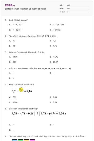 Bài tập cuối tuần Toán lớp 5 CD Tuần 9 có đáp án