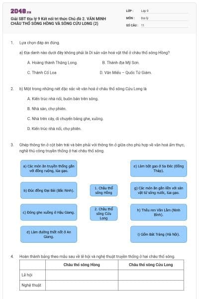 Giải SBT Địa lý 9 Kết nối tri thức Chủ đề 2. VĂN MINH CHÂU THỔ SÔNG HỒNG VÀ SÔNG CỬU LONG (2)