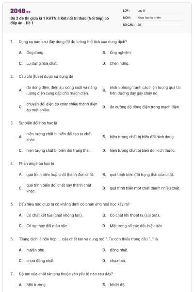 Bộ 2 đề thi giữa kì 1 KHTN 8 Kết nối tri thức (Nối tiếp) có đáp án - Đề 1