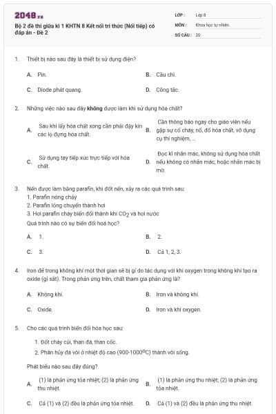 Bộ 2 đề thi giữa kì 1 KHTN 8 Kết nối tri thức (Nối tiếp) có đáp án - Đề 2