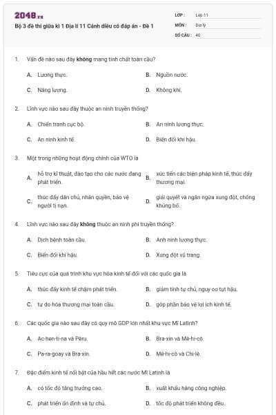 Bộ 3 đề thi giữa kì 1 Địa lí 11 Cánh diều có đáp án - Đề 1