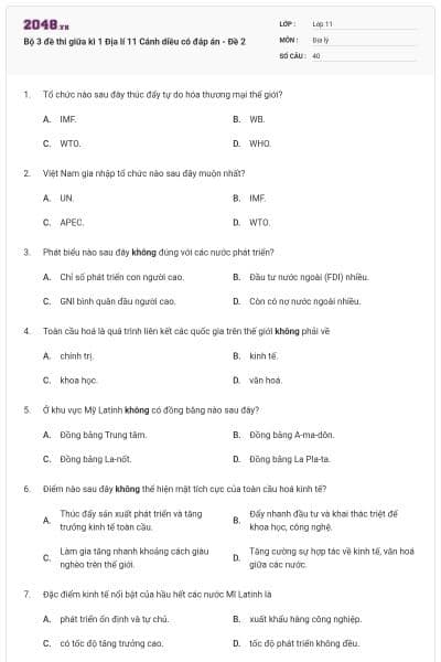 Bộ 3 đề thi giữa kì 1 Địa lí 11 Cánh diều có đáp án - Đề 2