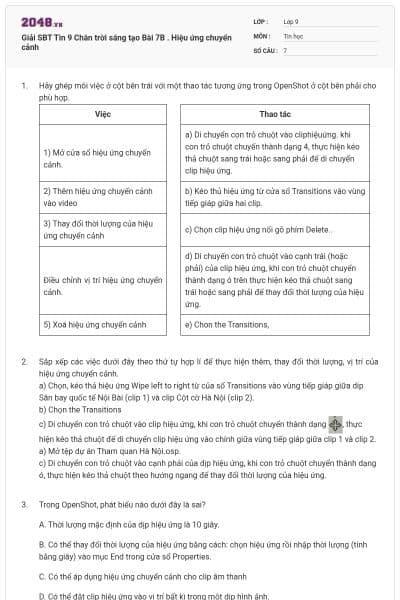 Giải SBT Tin 9 Chân trời sáng tạo Bài 7B . Hiệu ứng chuyển cảnh