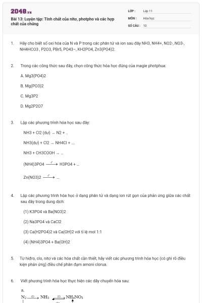 Bài 13: Luyện tập: Tính chất của nitơ, photpho và các hợp chất của chúng