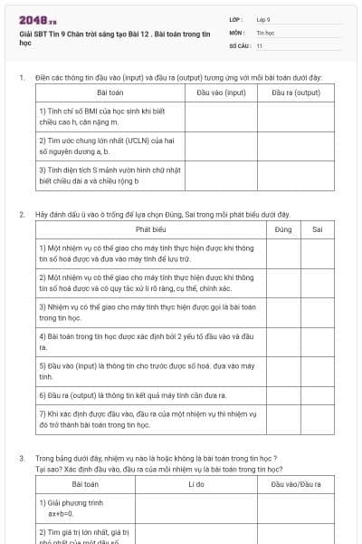 Giải SBT Tin 9 Chân trời sáng tạo Bài 12 . Bài toán trong tin học