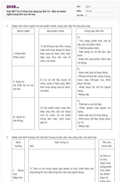 Giải SBT Tin 9 Chân trời sáng tạo Bài 14 . Một số nhóm nghề trong lĩnh vực tin học