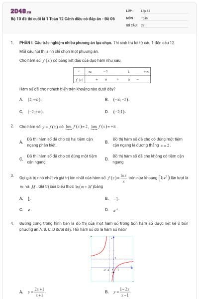 Bộ 10 đề thi cuối kì 1 Toán 12 Cánh diều có đáp án - Đề 06