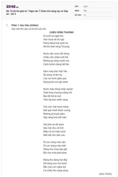 Bộ 10 đề thi giữa kì 1 Ngữ văn 7 Chân trời sáng tạo có đáp án - Đề 3