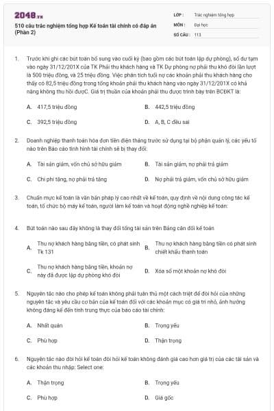 510 câu trắc nghiệm tổng hợp Kế toán tài chính có đáp án (Phần 2)