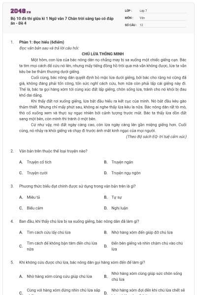 Bộ 10 đề thi giữa kì 1 Ngữ văn 7 Chân trời sáng tạo có đáp án - Đề 4