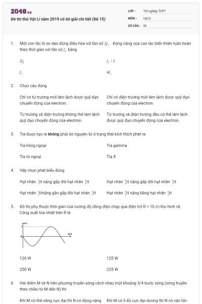 Đề thi thử Vật Lí năm 2019 có lời giải chi tiết (Đề 15)