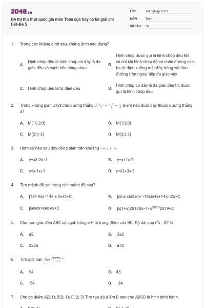 Đề thi thử thpt quốc gia môn Toán cực hay có lời giải chi tiết-Đề 5