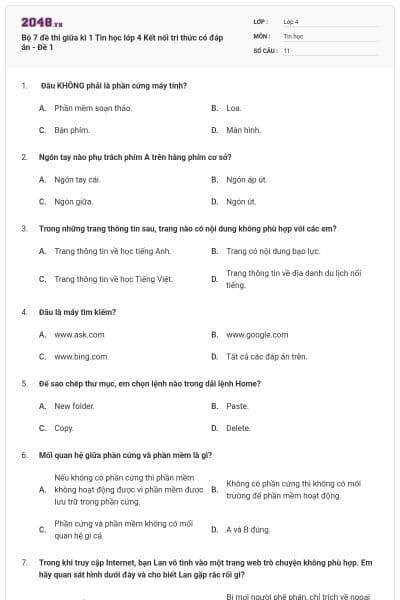 Bộ 7 đề thi giữa kì 1 Tin học lớp 4 Kết nối tri thức có đáp án - Đề 1