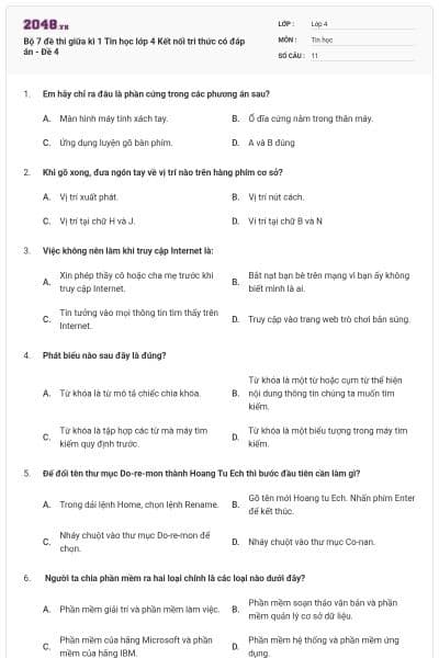 Bộ 7 đề thi giữa kì 1 Tin học lớp 4 Kết nối tri thức có đáp án - Đề 4