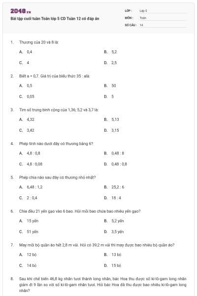 Bài tập cuối tuần Toán lớp 5 CD Tuần 12 có đáp án