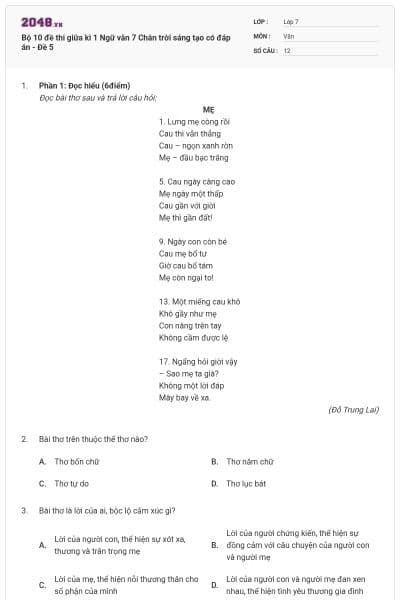 Bộ 10 đề thi giữa kì 1 Ngữ văn 7 Chân trời sáng tạo có đáp án - Đề 5