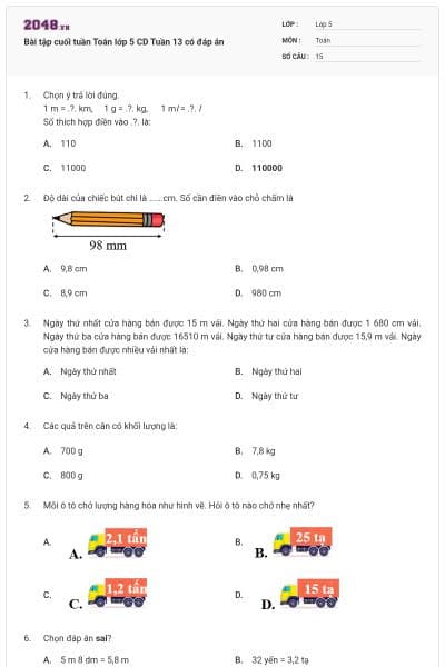 Bài tập cuối tuần Toán lớp 5 CD Tuần 13 có đáp án