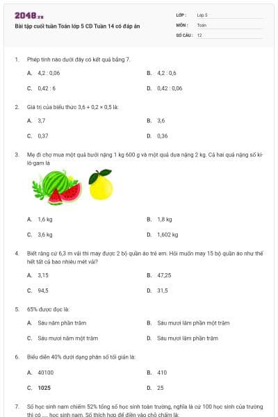Bài tập cuối tuần Toán lớp 5 CD Tuần 14 có đáp án