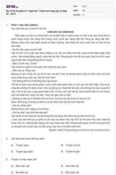 Bộ 10 đề thi giữa kì 1 Ngữ văn 7 Chân trời sáng tạo có đáp án - Đề 6
