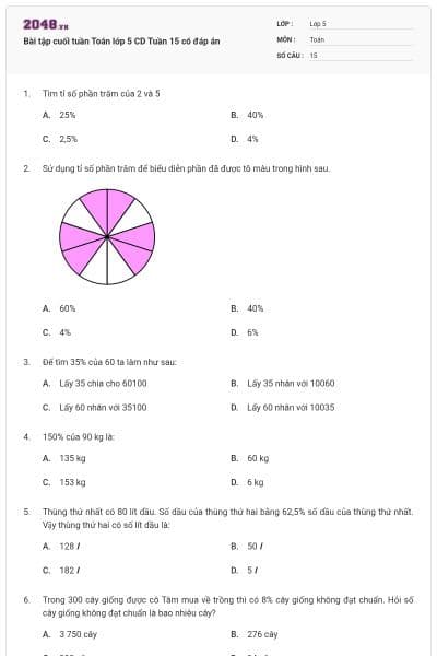 Bài tập cuối tuần Toán lớp 5 CD Tuần 15 có đáp án